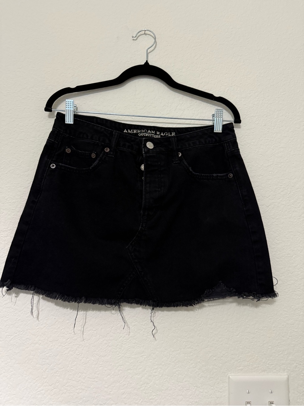 American Eagle Outfitters Button Fly Black Denim Frayed Hem Mini Skirt